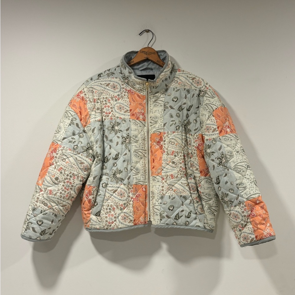 7 For All Mankind Quilted Patchwork Puffer Jacket in Light Gray and Coral